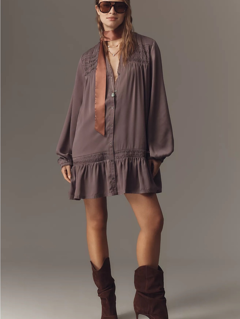 Anthropologie Pilcro Mauve Button-Front Smocked Mini Dress